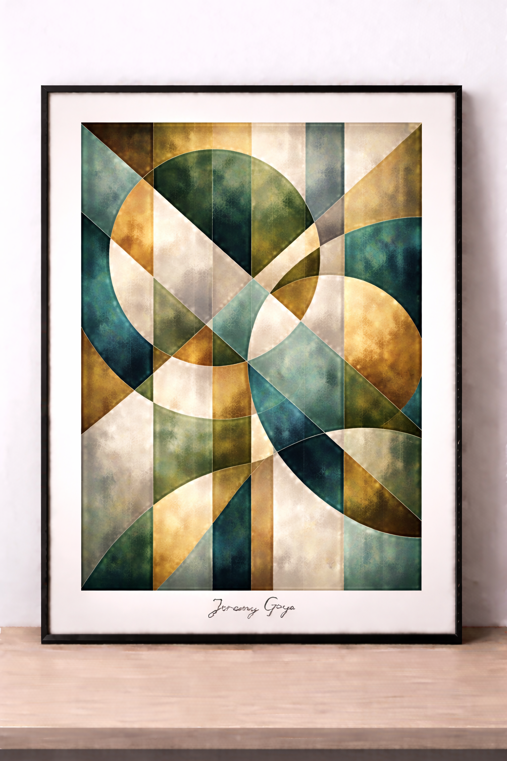 Abstract geometric artwork with gold accents