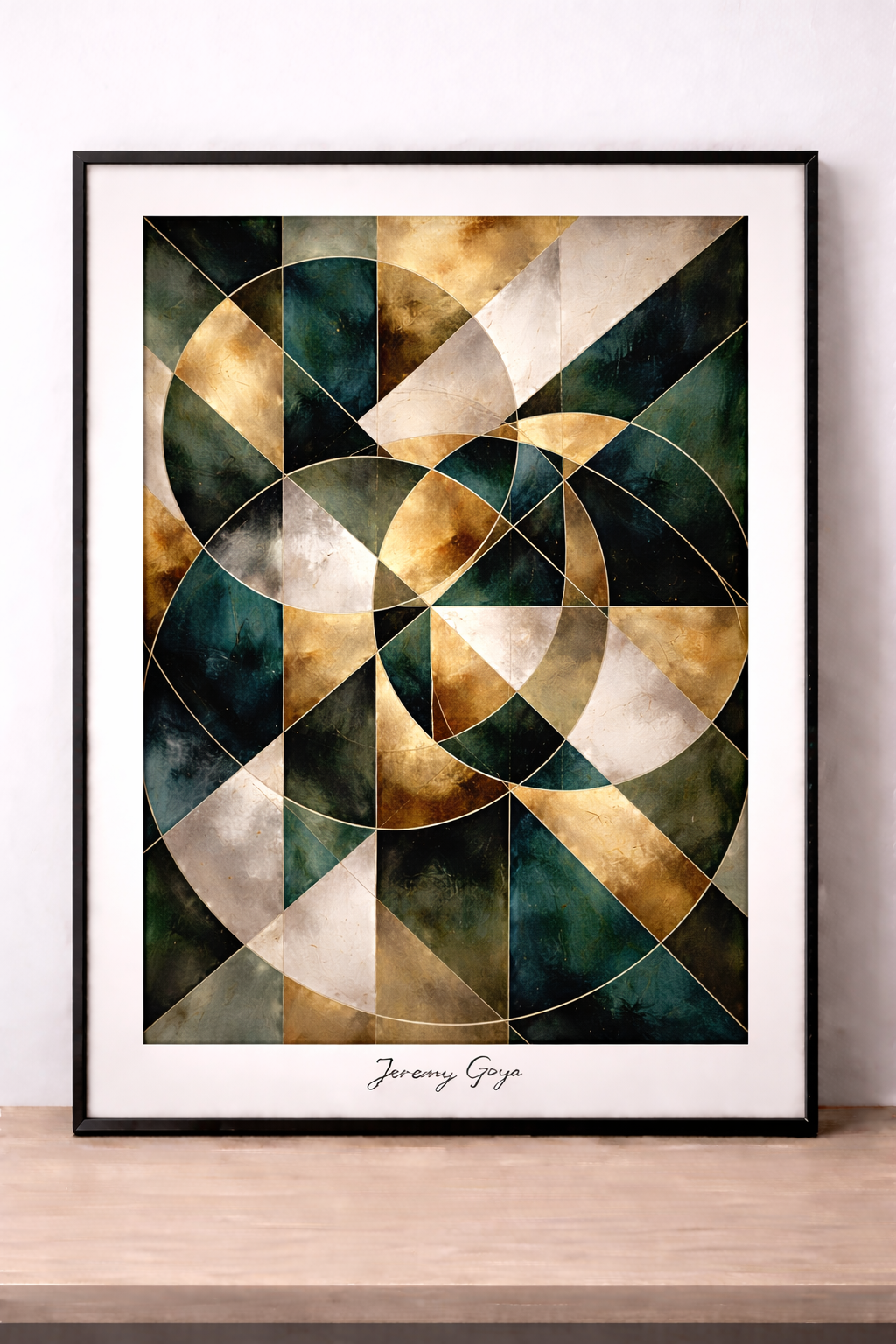 Geometric abstraction with metallic accents